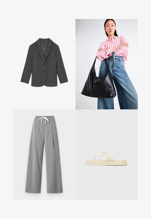 Gray blazer with notched lapels, two front pockets, and two buttons. Smooth fabric with a subtle weave pattern, structured fit, and long sleeves.; White cotton T-shirt featuring a centered pink cupcake graphic with a cherry on top. Short sleeves and relaxed fit.; Gray wide-leg trousers made of lightweight fabric with a pleated front and an elastic waistband featuring a white drawstring.; Flat flip-flop sandals in light yellow. Made of smooth rubber with two diagonal straps and a thick sole for comfort and durability.; Black leather shoulder bag with a slouchy shape and seam details. Model wears a pink and white striped shirt with wide-leg blue jeans.