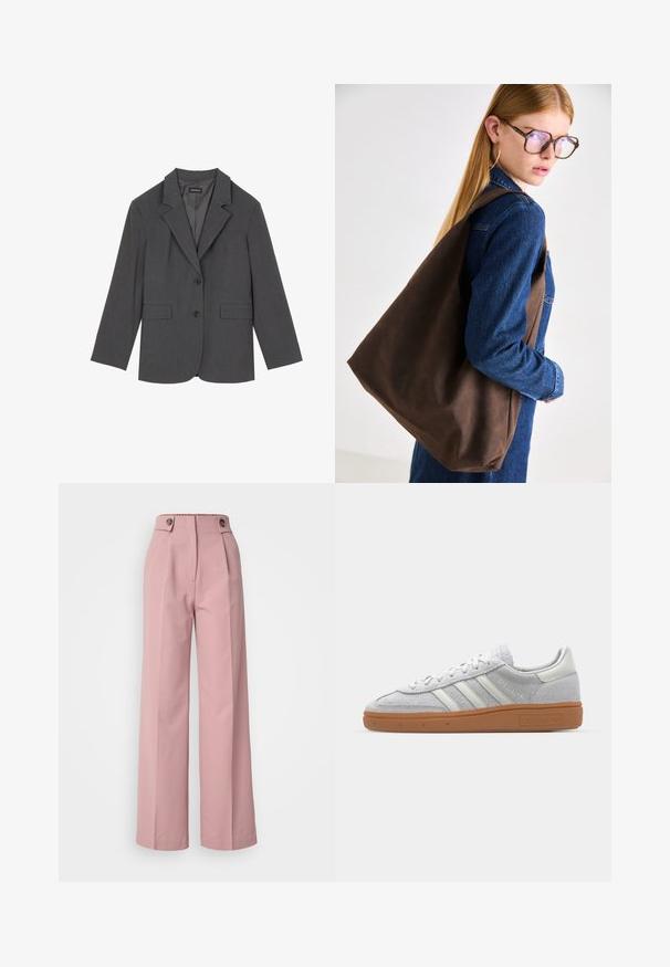 Pilkas švarkas su išlenktais apykakliais, dviem priekinėm kišenėm ir dviem mygtukais. Lygi medžiaga su subtiliu audinio raštu, struktūrizuotas fasonas ir ilgomis rankovėmis.; Balti medvilninė T-marškiniai su viduryje esancia rožine keksiuko grafika ir vyšnėlė viršuje. Trumpomis rankovėmis ir laisvu siluetu.; Rožiniai plačiakulkiai kelnių su lygiu paviršiumi, turintys aukštą liemenį, du mygtukus viršuje ir raukšles, besitęsiančias per priekį.; Šviesiai pilki zomšiniai sportbačiai su baltais odiniais akcentais, trimis baltomis juostelėmis ir rudą guminę pada, turintys paminkštintą apykaklę patogumui.; Ruda odinės rankinės su švelnia tekstūra, pasižyminčios erdviu dizainu ir viena juosta. Nešiojama su mėlynu džinsiniu švarku.; Sidabriniai auskarai su sklandžiu, poliruotu paviršiumi. Apvalios formos ir saugus uždarymo mechanizmas. Lengvas dizainas, tinkantis kasdieniam dėvėjimui.