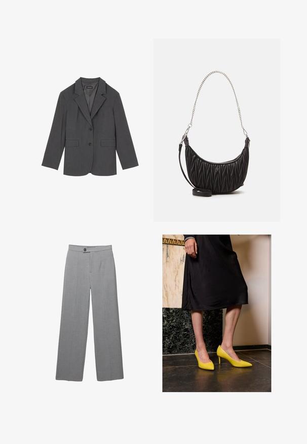 Harmaan takin, jossa on taitetut kaulukset, kaksi etutaskua ja kaksi nappia. Silkkinen kangas, jossa on hienovarainen kudontamalli, jämäkkä istuvuus ja pitkät hihat.; Tummansininen pitkähihainen paita, jossa leveä pääntie ja levenevät hihat. Valmistettu sileästä kankaasta, vartalonmyötäinen malli ja minimalistinen design.; Harmaat räätälöidyt housut, joissa on leveä lahje, litteä etuosa ja hienovarainen rakenne. Varustettu yhdellä nappikiinnityksellä ja siisteillä linjoilla.; Keltaiset lakatut korkokengät, joissa on terävät varpaat ja ohuet korkeat korot, sijoitettuna tummalle kivilattialle vaalean seinän taustalla.; Musta tekonahkalaukku, jossa on tikattu pinta, kaareva muoto, hopeinen ketjuolkaintai ja pieni logovariointi etupuolella.