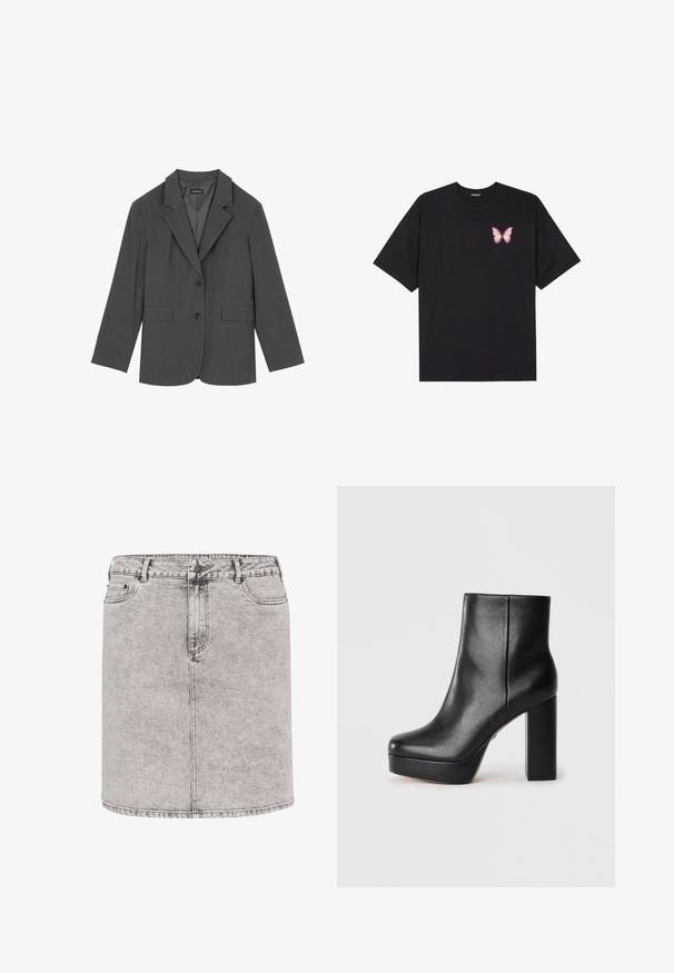 Grå blazer med noterede klapper, to frontlommer og to knapper. Glat stof med et subtilt vævemønster, struktureret pasform og lange ærmer.; Sort bomulds T-shirt med korte ærmer, prydet med en lille pink sommerfugl grafik på venstre bryst. Rund hals design med en afslappet pasform.; Denimnederdel i lys grå, med en pencil-form, frontlommer og synlige sy-detaljer. Materialet har en let tekstureret overflade.; Sort læder platform ankelstøvle med firkantet tå og tyk høj blokhæl, vist fra siden på en hvid baggrund.