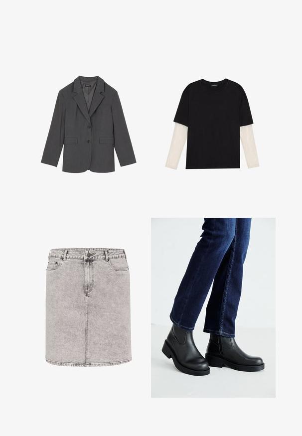 Gray blazer with notched lapels, two front pockets, and two buttons. Smooth fabric with a subtle weave pattern, structured fit, and long sleeves.; Black T-shirt made of cotton, featuring short sleeves over a white long-sleeve layer with a subtle textured pattern. Crew neckline design.; Denim skirt in light gray, featuring a pencil shape, front pockets, and visible stitching details. Material has a slightly textured finish.; Black leather ankle boots with a chunky sole and side elastic panels, paired with dark blue jeans. The ground is light-colored.