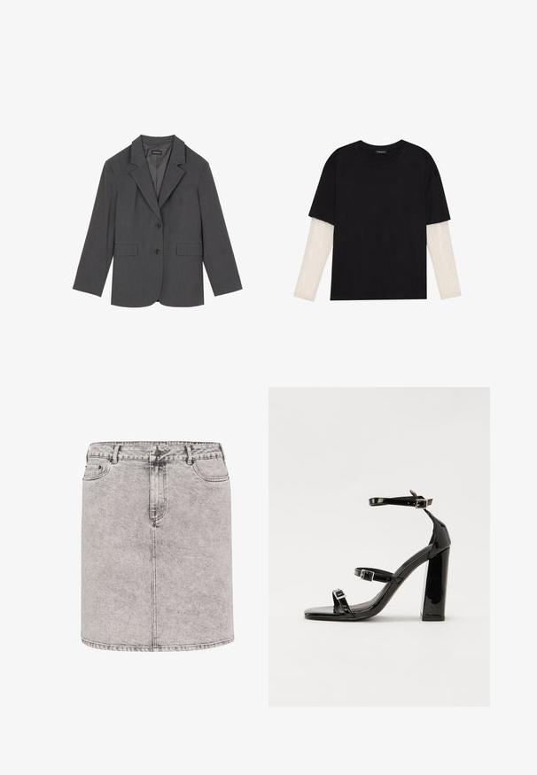 Blazer grigio con rever a punta, due tasche frontali e due bottoni. Tessuto liscio con un delicato motivo a trama, vestibilità strutturata e maniche lunghe.; T-shirt nera in cotone con maniche corte sopra un sotto manica lunga bianca, caratterizzata da una sottile texture. Design con scollo rotondo.; Gonna in denim grigio chiaro, con forma a matita, tasche frontali e dettagli di cucitura visibili. Il materiale presenta una finitura leggermente testurizzata.; Sandali con tacco in vernice nera, con punta squadrata, cinturini alla caviglia e fibbie in argento. Presentano un tacco a blocco spesso per maggiore stabilità.