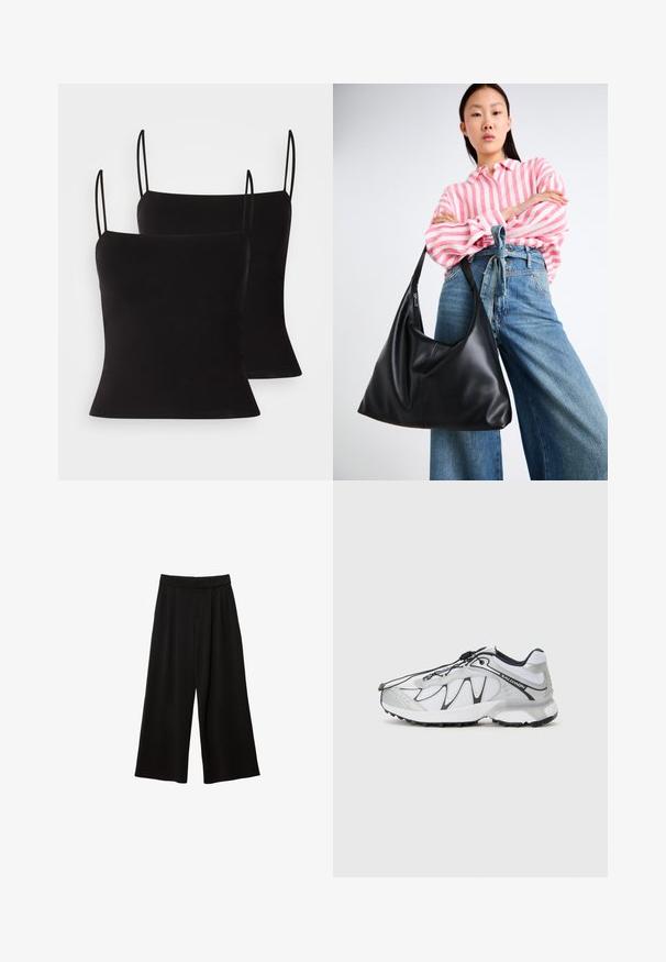 Grå kavaj med slag, två framfickor och två knappar. Slät tyg med en subtil vävstruktur, strukturerad passform och långärmade.; Svart linne med tunna axelremmar, i en mjuk och elastisk tygkvalitet samt en figurnära silhuett. Tvåpack.; Svarta vida byxor med hög midja, som har veck, en slät yta och inget synligt fickor eller utsmyckningar.; Vita sportskor med ovandel i mesh, svarta accenter, strukturerad gummisula och elastiskt snörningssystem. Lätta med en modern design.; Svart läderaxelväska med en avslappnad form och sömdetaljer. Modellen bär en randig skjorta i rosa och vitt tillsammans med vida blå jeans.