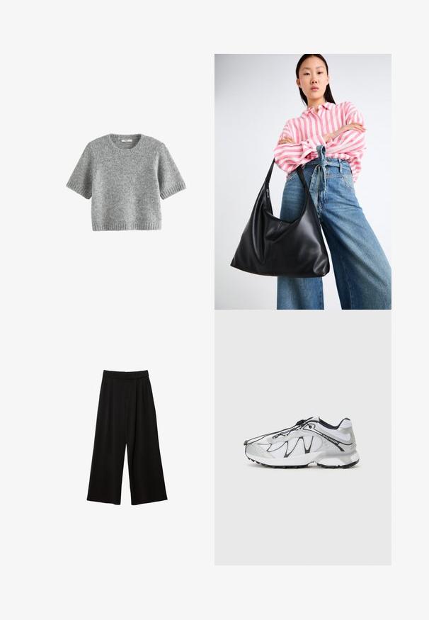 Szary żakiet z klapami, dwoma przednimi kieszeniami i dwoma guzikami. Gładki materiał z delikatnym wzorem tkanym, dopasowany krój i długie rękawy.; Next - T-shirt basic; Czarne szerokie spodnie z wysokim stanem, z plisami, gładką fakturą i bez widocznych kieszeni ani ozdób.; Białe buty sportowe z siateczkową cholewką, czarnymi akcentami, teksturowaną gumową podeszwą i elastycznym systemem sznurowania. Lekkie z nowoczesnym designem.; Czarna skórzana torebka na ramię o luźnym kształcie i detalach szwów. Model nosi różową koszulę w białe paski oraz szerokie niebieskie dżinsy.