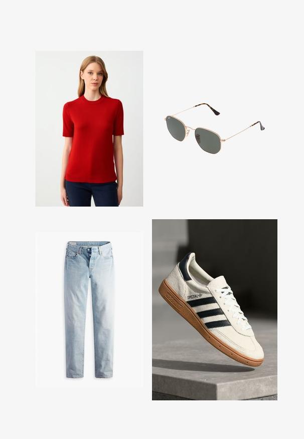 Szary żakiet z klapami, dwoma przednimi kieszeniami i dwoma guzikami. Gładki materiał z delikatnym wzorem tkanym, dopasowany krój i długie rękawy.; Czerwony sweter z krótkim rękawem wykonany z materiału dzianinowego, z okrągłym dekoltem i ściągaczami, w połączeniu z ciemnymi spodniami. Prosty, dopasowany krój.; Jasnoniebieskie dżinsy o prostym kroju nogawki, z dwiema kieszeniami z przodu i dwiema z tyłu. Posiadają zapięcie na dwa guziki i subtelne przeszycia.; Białe zamszowe sneakersy z granatowymi paskami, gumową podeszwą, teksturowaną górą, okrągłym noskiem i sznurowaniem; posiadają logo po boku i na języku.; Złote okulary przeciwsłoneczne w stylu aviatora z ciemnozielonymi soczewkami, z wąskimi ramionami i akcentami w panterkę na końcach.; Brązowa torebka na ramię z zamszu o zaokrąglonym kształcie, kontrastowym przeszyciem, złotymi akcentami metalowymi oraz zapinaną na zamek kieszenią z przodu.