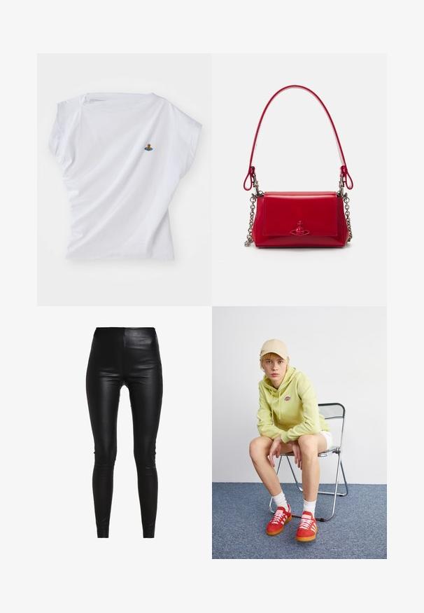 Szary żakiet z klapami, dwoma przednimi kieszeniami i dwoma guzikami. Gładki materiał z delikatnym wzorem tkanym, dopasowany krój i długie rękawy.; Biała koszulka z krótkim rękawem wykonana z bawełny, z małym haftowanym wzorem przedstawiającym niedźwiedzia na niebieskim statku kosmicznym na piersiach.; Czarne legginsy z sztucznej skóry o wysokim stanie, dopasowanym kroju, gładkiej fakturze oraz bez widocznych szwów czy ozdób.; Jasnozielona bluza z kapturem z logo, białe szorty, czerwone buty sportowe w białe paski, siedzący na chromowanym składanym krześle na neutralnym tle.; Czerwona torebka z lakierowanej skóry z akcentami srebrnego łańcuszka, krótkim uchwytem i dekoracyjnym emblematem z przodu. Kompaktowy prostokątny kształt.