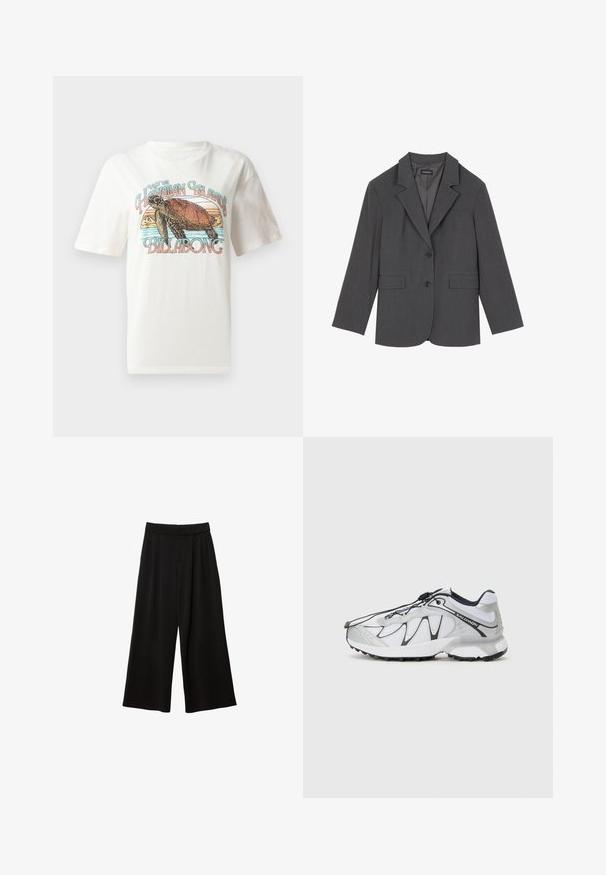Siv blazer z oštrim reverjem, dvema sprednjima žepoma in dvema gumboma. Gladka tkanina z subtilnim vzorcem, strukturirana oblika in dolgi rokavi.; Bela bomba majica iz bombaža z grafičnim dizajnom želve in gora, z napisom "Odkrijte havajske otoke Billabong" v pisanih črkah.; Črne široke hlače z visokim pasom, opremljene z gubami, gladko teksturo in brez vidnih žepov ali okrasnih detajlov.; Bela atletska obutev z mrežasto zgornjimi deli, črnimi akcenti, teksturiranim gumijastim podplatom in elastičnim vezalnim sistemom. Lahki in sodobnega dizajna.