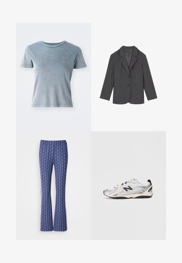 Gray blazer with notched lapels, two front pockets, and two buttons. Smooth fabric with a subtle weave pattern, structured fit, and long sleeves.; Light blue short-sleeve t-shirt with ribbed texture. Features a small logo patch on the chest. Round neckline and a fitted design.; Blue patterned flared pants featuring a geometric design, elastic waistband, and white stripes on the sides. Smooth texture throughout.; Gray and white athletic shoe with a rounded toe, mesh and synthetic materials, black accents, and a textured rubber sole.