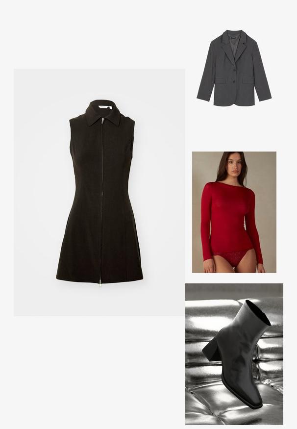 Szary żakiet z klapami, dwoma przednimi kieszeniami i dwoma guzikami. Gładki materiał z delikatnym wzorem tkanym, dopasowany krój i długie rękawy.; Intimissimi - Bluzka z długim rękawem; Czarna sukienka bez rękawów z kołnierzykiem i z zamkiem błyskawicznym z przodu, wykonana z gładkiego materiału, o dopasowanej sylwetce i rozkloszowanym dole.; Czarne botki za kostkę wykonane z błyszczącego materiału, z kwadratowym noskiem i zwężającym się obcasem, na tle błyszczącego srebrnego tapicerowanego tła.