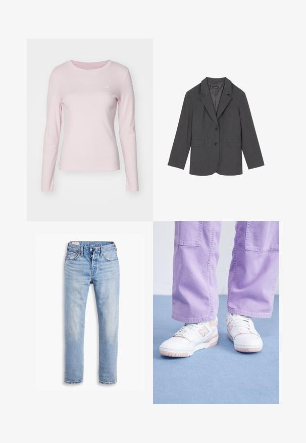 Gray blazer with notched lapels, two front pockets, and two buttons. Smooth fabric with a subtle weave pattern, structured fit, and long sleeves.; Levi's® ESSENTIAL TEE - Long sleeved top - potpourri; Light blue denim jeans with a straight cut, two front pockets, and a button fly. Distressed texture with slight fading near the knees.; White sneakers with pink accents, textured leather upper, and rubber sole, paired with light purple wide-leg pants on a blue surface.