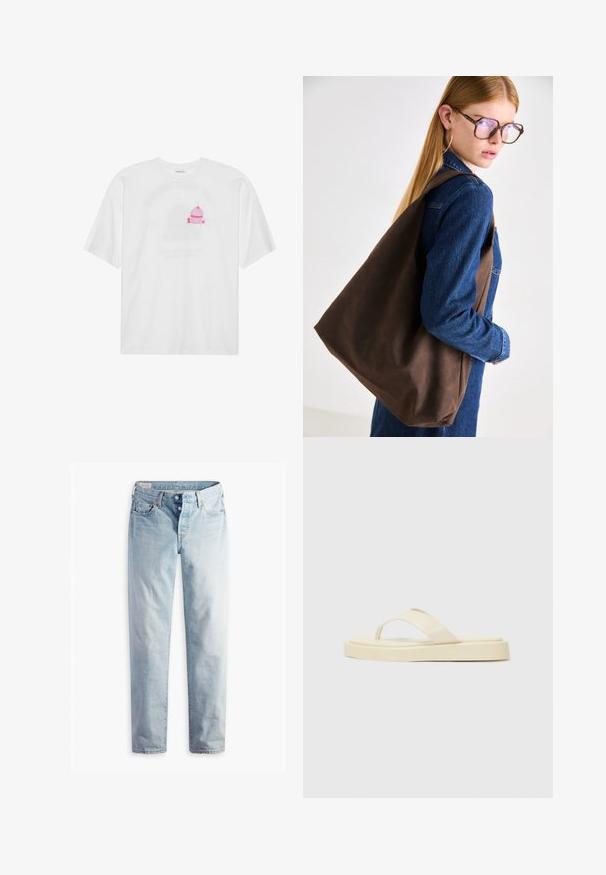 Gray blazer with notched lapels, two front pockets, and two buttons. Smooth fabric with a subtle weave pattern, structured fit, and long sleeves.; White cotton T-shirt featuring a centered pink cupcake graphic with a cherry on top. Short sleeves and relaxed fit.; Light blue denim jeans with a straight-leg cut, two front pockets, and two back pockets. Includes two-button fly and subtle stitching.; Flat flip-flop sandals in light yellow. Made of smooth rubber with two diagonal straps and a thick sole for comfort and durability.; Brown leather tote bag with a soft texture, featuring a spacious design and a single strap. Worn with a blue denim jacket.