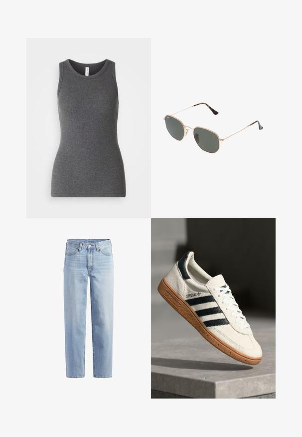 Sivi sako s oštrim reverima, dva prednja džepa i dva dugmeta. Glatka tkanina s suptilnim uzorkom, strukturirani kroj i dugi rukavi.; Siva bez rukava majica izrađena od rebrastog materijala; ima okrugli izrez i prilagođen dizajn. Bez uzoraka ili dodatnih akcenata.; Svijetloplave ravne traperice s prednjim dugmetom, zatvaračem, petljama za remen i dizajnom s pet džepova na bijeloj pozadini.; Bijela suede tenisica s mornarsko plavim prugama, gumeni potplat od smole, teksturirani gornji dio, okrugli nos, i vezice; sadrži brendiranje sa strane i na jeziku.; Naočale s metalnim okvirom u zlatnoj boji i tamnozelenim lećama, avijatičarskog stila, sa tankim drškama i kornjačevim naglascima na vrhovima.; Smeđa Michael Kors hobo torba s zlatnim dodacima. Ima monogram uzorak, glatku teksturu i odvojivu traku s akcentom u obliku emblema.