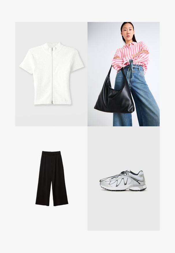 Sivi sako s oštrim reverima, dva prednja džepa i dva dugmeta. Glatka tkanina s suptilnim uzorkom, strukturirani kroj i dugi rukavi.; Prikladna bijela rebrasta pletena majica kratkih rukava s visokim ovratnikom i prednjim zatvaračem. Ima suptilnu teksturu s čistim završetkom.; Crne hlače širokih nogavica s visokim strukom, koje imaju nabore, glatku teksturu i bez vidljivih džepova ili ukrasa.; Bijele atletske cipele s mrežastim gornjim dijelom, crnim detaljima, teksturiranim gumom potplatom i elastičnim sustavom vezanja. Lagane su i modernog dizajna.; Crna kožna torba preko ramena sa opuštenim oblikom i detaljima šavova. Model nosi majicu s ružičasto-bijelim prugama i široke plave traperice.