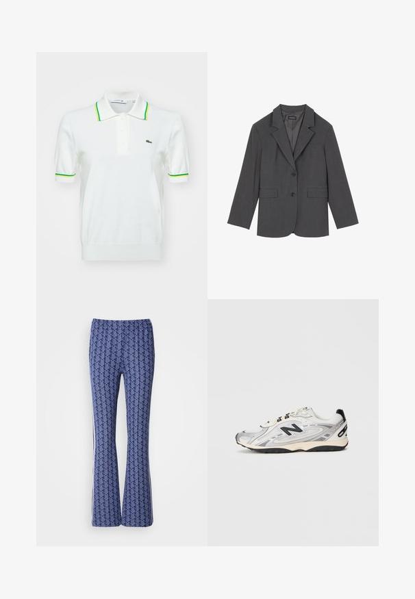 Gray blazer with notched lapels, two front pockets, and two buttons. Smooth fabric with a subtle weave pattern, structured fit, and long sleeves.; White polo shirt with short sleeves, green and yellow striped collar and cuffs, three-button placket, and Lacoste logo on the chest.; Blue patterned flared pants featuring a geometric design, elastic waistband, and white stripes on the sides. Smooth texture throughout.; Gray and white athletic shoe with a rounded toe, mesh and synthetic materials, black accents, and a textured rubber sole.