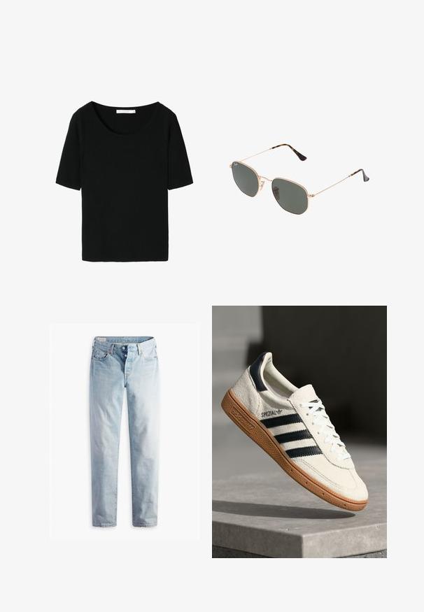 Sacou gri cu rever clasic, două buzunare frontale și două butoane. Material neted cu un model de țesătură subtil, croială structurată și mâneci lungi.; Tricou negru din tricot cu model ribbed, cu decolteu larg și mâneci scurte. Textura este moale și ajustată, potrivită pentru ținute casual.; Jeans din denim de culoare albastru deschis, cu croială dreaptă, două buzunare frontale și două buzunare spate. Include un sistem de închidere cu două butoane și coasere subtile.; Sneakers albe din suede cu dungi bleumarin, talpă din cauciuc, suprafață texturată, bot rotund și șireturi; prezintă brand pe lateral și pe limbă.; Ochelari de soare cu ramă din metal auriu și lentile de culoare verde închis, stil aviator, cu brațe subțiri și accente din fâscă pe vârfuri.; Geantă hobo din piele neagră, cu o formă moale și curbată. Prezintă un mâner lat în partea de sus și pliuri la bază pentru o textură lejeră.