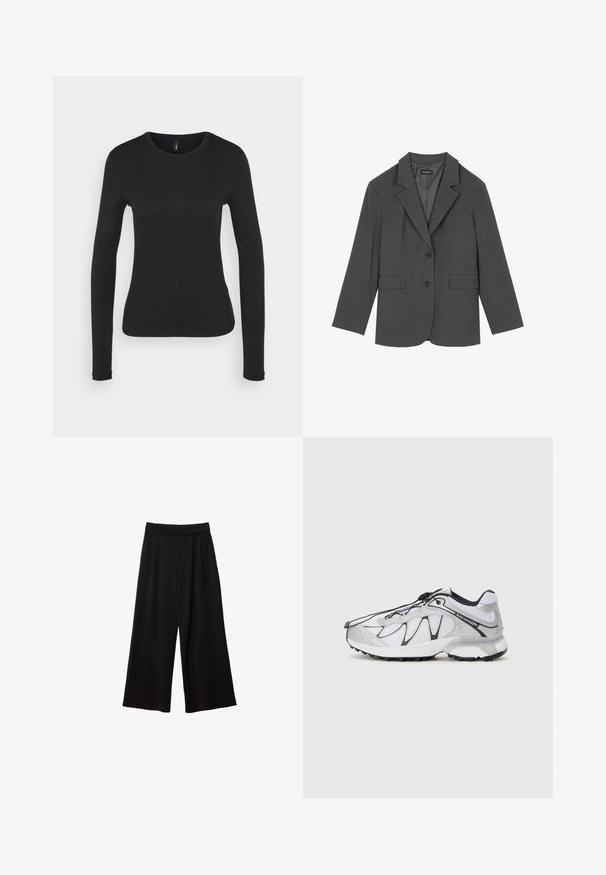 Grå blazer med noterede klapper, to frontlommer og to knapper. Glat stof med et subtilt vævemønster, struktureret pasform og lange ærmer.; Sort langærmet skjorte i blødt stof. Har en rund hals, slim fit og detaljer med midtersøm. Ingen synlige logoer eller mønstre.; Sorte bredde-bukser med høj talje, der har læg, en glat tekstur, og uden synlige lommer eller pynt.; Hvide sportsko med en mesh-overdel, sorte accenter, tekstureret gummisål og elastisk snøringssystem. Letvægtig med et moderne design.
