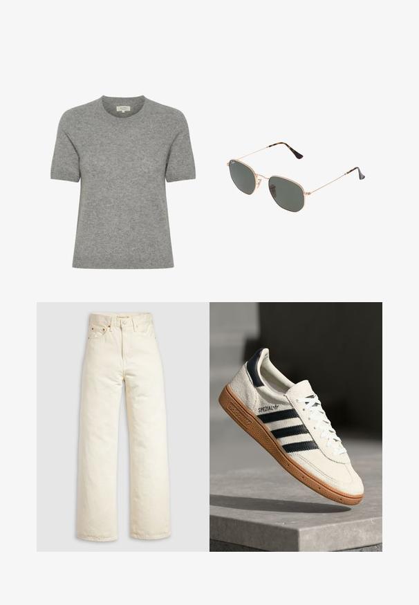 Grå blazer med noterede klapper, to frontlommer og to knapper. Glat stof med et subtilt vævemønster, struktureret pasform og lange ærmer.; Grå kortærmet sweater lavet af blødt strikket materiale med rund halsudskæring og minimalistisk design. Uden sømme, rene kanter for et stilrent look.; Vidbenede jeans i offwhite denim med høj talje, kobbernitter og klassisk design med fem lommer. Struktureret stof med rene kanter.; Hvide ruskinds sneakers med marineblå striber, gummisål, struktureret overdel, rund tå og snøring; har branding på siden og tungen.; Guldmetallisk brille med mørkegrønne linser, aviator-stil, med slanke arme og skildpadde-mønstrede detaljer på spidserne.; Sort quiltet faux læder taske med kædestrop, der har et hexagonalt mønster og en dekorativ vinge detalje på forsiden.