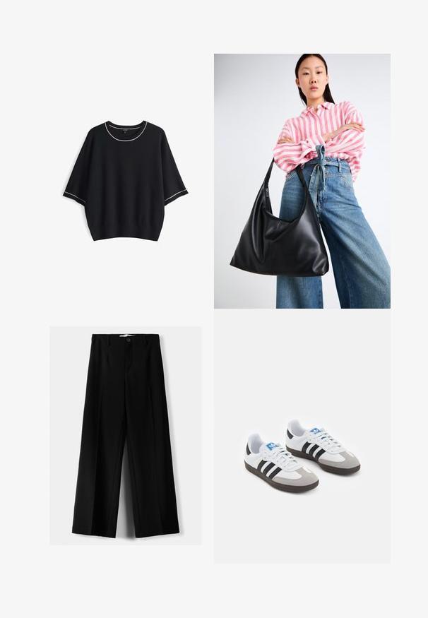 Grauer Blazer mit Reverskragen, zwei Fronttaschen und zwei Knöpfen. Glattes Material mit einem dezenten Webmuster, taillierte Passform und langen Ärmeln.; Schwarzer, kurzärmeliger Strickpullover mit rundem Ausschnitt und weißen Paspeln entlang des Kragens und der Ärmel. Lockere Passform mit strukturiertem Stoff.; Schwarze weite Hosen aus leichtem Stoff, mit einem Knopfverschluss vorne und flachem Bund, mit sorgfältig genähten Säumen.; Sportschuhe mit einem Obermaterial aus weißem Leder, grauer Wildleder-Zehenkappe und drei schwarzen Streifen. Sie verfügen über ein blaues Logo auf der Zunge und eine strukturierte Gummisohle.; Schwarze Leder-Umhängetasche mit einer lässigen Form und Nahtdetails. Das Modell trägt ein pink-weiß gestreiftes Hemd zu weit geschnittenen blauen Jeans.