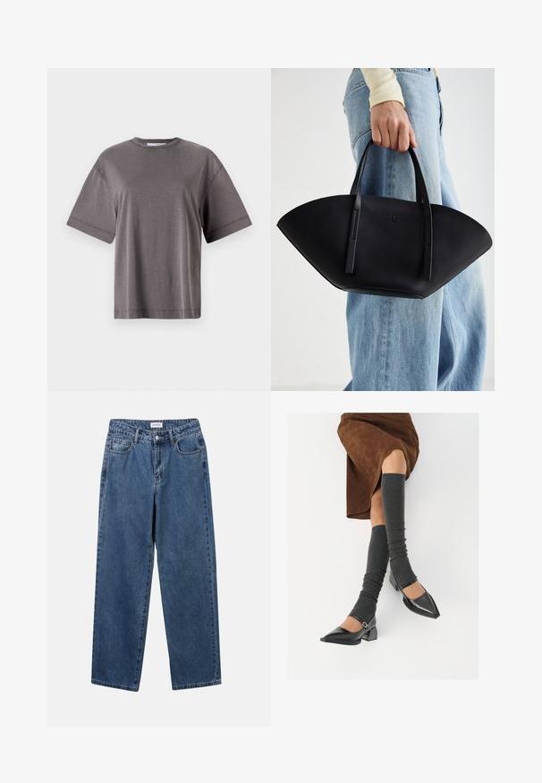 Sivi sako s oštrim reverima, dva prednja džepa i dva dugmeta. Glatka tkanina s suptilnim uzorkom, strukturirani kroj i dugi rukavi.; Siva majica kratkih rukava s okruglim izrezom, koja ima ležeran kroj i glatku, meku teksturu. Nema vidljivih uzoraka ili detalja.; Klasične plave traperice s ravnim nogavicama, pet džepova i dugmadom za zatvaranje. Imaju srednje pranje i čvrstu teksturu.; Crne lakirane cipele s šiljastim prstima, blok-petom i remenom oko gležnja, uparene s sivim rebrastim čarapama do koljena i smešnom suknjom od antilopa.; Crna kožna torba jedinstvenog oblika ventilatora, s ravnim ručkama. Površina ima teksturu sličnu šljunku i minimalistički dizajn.