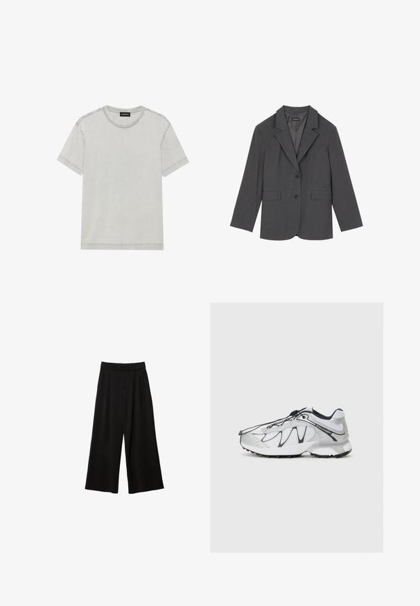 Siv blazer z oštrim reverjem, dvema sprednjima žepoma in dvema gumboma. Gladka tkanina z subtilnim vzorcem, strukturirana oblika in dolgi rokavi.; Svijetlosiva pamučna majica s okruglim izrezom i kratkim rukavima, s čistim linijama i minimalnim detaljima šivanja.; Črne široke hlače z visokim pasom, opremljene z gubami, gladko teksturo in brez vidnih žepov ali okrasnih detajlov.; Bela atletska obutev z mrežasto zgornjimi deli, črnimi akcenti, teksturiranim gumijastim podplatom in elastičnim vezalnim sistemom. Lahki in sodobnega dizajna.
