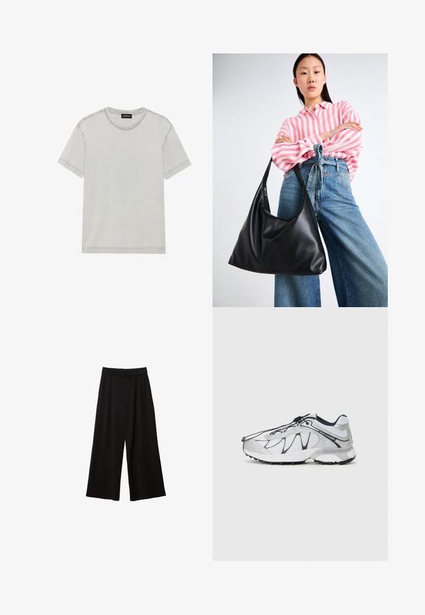 Harmaan takin, jossa on taitetut kaulukset, kaksi etutaskua ja kaksi nappia. Silkkinen kangas, jossa on hienovarainen kudontamalli, jämäkkä istuvuus ja pitkät hihat.; Väldigt ljusgrå bomullströja med rund halsringning och korta ärmar, som har rena linjer och minimala sömnadsdetaljer.; Mustat löysät housut korkealla vyötäröllä, joissa on laskoksia, sileä pinta ja ei näkyviä taskuja tai koristeluja.; Valkoiset urheilukengät, joissa on verkkopäällinen, mustat korostukset, teksturoitu kumipohja ja joustava nauhajärjestelmä. Kevyet ja modernin muotoilun omaavat.; Mustassa nahka olkalaukussa on rento muoto ja sauman yksityiskohtia. Malli on pukeutunut vaaleanpunaisiin ja valkoisiin raidallisiin paitoihin sekä leveälahkeisiin sinisiin farkkuihin.