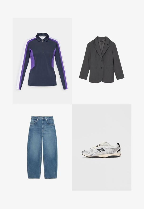 Sivi sako s oštrim reverima, dva prednja džepa i dva dugmeta. Glatka tkanina s suptilnim uzorkom, strukturirani kroj i dugi rukavi.; Polo majica dugih rukava u mornarskoj plavoj boji s ljubičastim i bijelim bočnim panelima, s patentnim zatvaračem na ovratniku i sportskim, prilagođenim dizajnom. Glatka tekstura tkanine.; Plave hlače s visokim strukom i širokim nogavicama, s prednjim džepovima i kopčanjem na gumb, prikazane ravno na bijeloj pozadini.; Sive i bijele sportske cipele s okruglim prstima, iz mrežastih i sintetičkih materijala, s crnim detaljima i teksturiranim gumenim potplatom.