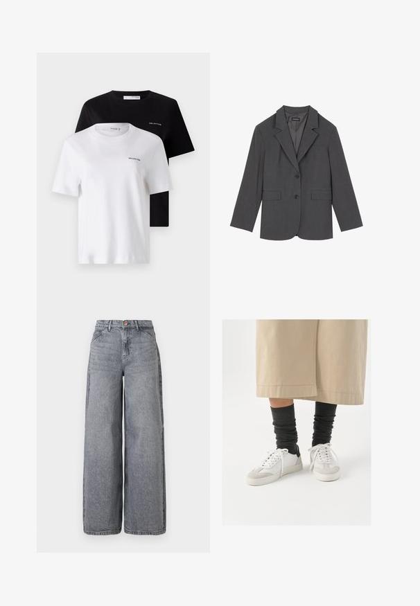 Blazer gris con solapas en pico, dos bolsillos frontales y dos botones. Tejido suave con un patrón de tejido sutil, corte estructurado y mangas largas.; Dos camisetas de manga corta en negro y blanco, hechas de algodón. Ambas cuentan con un cuello redondo y un pequeño logo "SELECTED" en el pecho.; Jeans de denim de pierna ancha en un lavado gris desgastado, con cinco bolsillos, cierre de botón y una textura suave con sutiles detalles de desgaste.; Zapatillas blancas y grises con un acento negro en el talón, con una parte superior de cuero suave y una punta de ante texturizado. Llevadas con calcetas oscuras y holgadas.