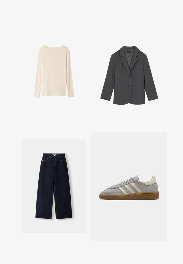 Grauer Blazer mit Reverskragen, zwei Fronttaschen und zwei Knöpfen. Glattes Material mit einem dezenten Webmuster, taillierte Passform und langen Ärmeln.; Langärmliges Oberteil in hellbeige. Weicher, strukturierter Stoff mit weiter Ausschnitt und geradem, lässigem Schnitt. Keine sichtbaren Muster oder Verzierungen.; Dunkelblaue, weite Jeans mit hoher Taille, fünf Taschen, Kontrastnähten und silbernem Metallzubehör. Glatte Textur und saubere Verarbeitung.; Graue Wildledersneaker mit hellgrauen Lederstreifen und einer Sohle aus Gummi. Zu den Merkmalen gehören eine Schnürung und dezente Markenkennzeichnung auf der Zunge.