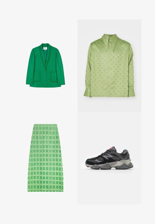 Groene blazer met een golvende halslijn, twee voorzakken en een enkele knoopsluiting. Gemaakt van een gestructureerde stof, met een getailleerde pasvorm.; Sister Jane UNISEX - Overhemdblouse - green; Groene gestructureerde pencilrok met een ruitpatroon bestaande uit vierkanten, vervaardigd uit lichtgewicht stof voor comfort en stijl.; Zwarte en grijze sneaker met een mix van suede en mesh materialen, dikke zool, opvallend logo en een rode accent op de tong.