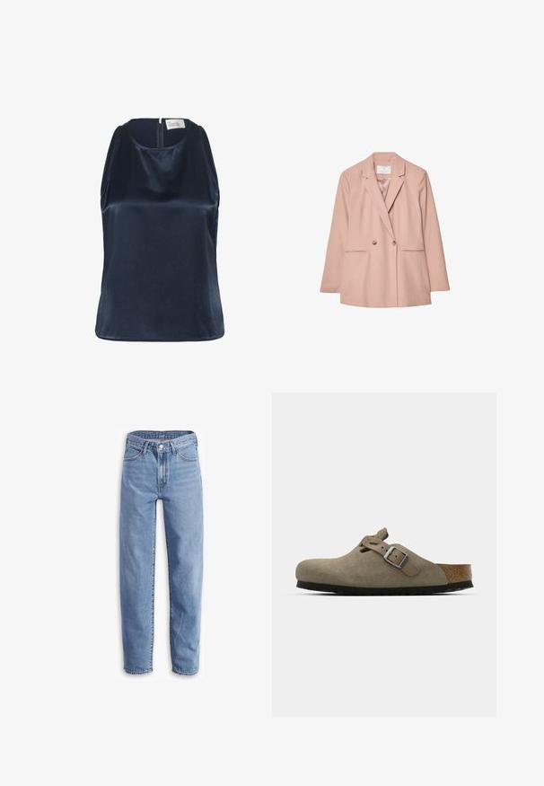 Blazer rosa a doppio petto con rever, due tasche frontali e due bottoni. Tessuto liscio con una vestibilità su misura.; My Essential Wardrobe ESTELLE - Top - after midnight; Jeans azzurri chiari in denim, con una vestibilità rilassata, gamba dritta, design a cinque tasche e orli sfilacciati per un aspetto casual.; Zoccoli in suede di un verde oliva chiaro con una soletta in sughero e gomma sagomata. Presentano una cinghia laterale con fibbia metallica e una punta arrotondata.