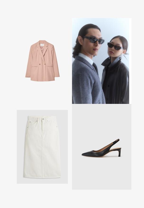 Blazer rosa a doppio petto con rever, due tasche frontali e due bottoni. Tessuto liscio con una vestibilità su misura.; Maglietta bianca a maniche corte con collo rotondo, vestibilità rilassata, realizzata in morbido tessuto di cotone. Texture liscia, senza motivi né loghi.; Gonna midi in denim bianco con vita alta, chiusura frontale a bottoni e due tasche laterali. Presenta una silhouette dritta e dettagli cuciti.; Pump slingback in pelle nera con punta appuntita, tacco basso e texture liscia. Presenta una sottile cinghia regolabile per una vestibilità sicura.; Occhiali da sole con montatura nera angolare indossati da un modello con un maglione grigio, che mette in mostra un tessuto a maglia testurizzato e una giacca di pelle nera indossata da un altro modello.