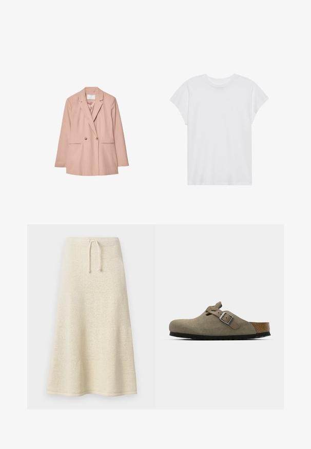 Blazer rosa a doppio petto con rever, due tasche frontali e due bottoni. Tessuto liscio con una vestibilità su misura.; Maglietta bianca a maniche corte con collo rotondo, vestibilità rilassata, realizzata in morbido tessuto di cotone. Texture liscia, senza motivi né loghi.; Gonna in maglia crema lunghezza ginocchio con texture morbida, vita con cordoncino e silhouette svasata. Design minimale senza motivi o abbellimenti.; Zoccoli in suede di un verde oliva chiaro con una soletta in sughero e gomma sagomata. Presentano una cinghia laterale con fibbia metallica e una punta arrotondata.