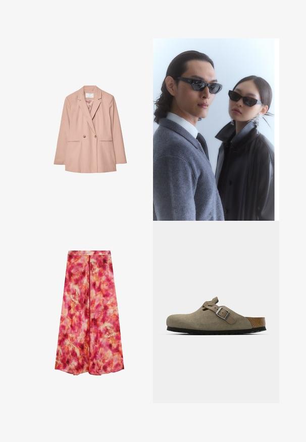 Roze dubbelzijdige blazer met notch revers, twee voorkeurszakken en twee knopen. Glad stof met een getailleerde pasvorm.; Witte t-shirt met korte mouwen, ronde hals, relaxte pasvorm, gemaakt van zacht katoen. Glad textuur, geen patronen of logo's.; Lang rokje in levendig roze met abstract, aquarelachtig patroon. Gemaakt van lichte stof. Heeft een rechte snit en een verborgen tailleband.; Suède klompen in licht olijfgroen met een gevormde kurk- en rubberen zool. Voorzien van een zijriem met een metalen gesp en een ronde neus.; Zonnebril met hoekige zwarte frames op een model in een grijs sweater, waarin een gestructureerde brei te zien is, en een zwart leren jack gedragen door een ander model.