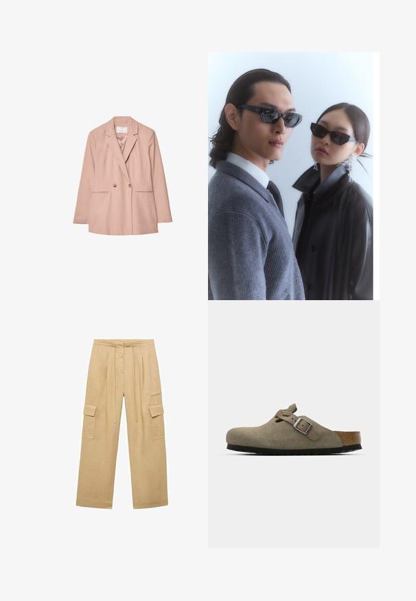 Roza dvobarvna blazer jakna z izrezanimi reverji, dvema sprednjima žepoma in dvema gumboma. Gladek material s prilegajočim krojem.; Bela kratka majica s kratkimi rokavi in okroglim izrezom, sproščenega kroja, izdelana iz mehkega bombažnega materiala. Gladka tekstura, brez vzorcev ali logotipov.; Bež hlače iz lana s širokimi nogami, ki imajo dva stranska žepa, pas na vrvico in subtilno teksturo.; Semišni klobuki v svetlo olivno zeleni barvi z oblikovanim plutovim in gumijastim podplatom. Vključuje stransko zanko z kovinsko zaponko in zaobljenim nosom.; Sončne očala z oglatimi črnimi okvirji na modelu s sivo jopico, ki prikazuje teksturirano pletenino, in črno usnjeno jakno, ki jo nosi drug model.