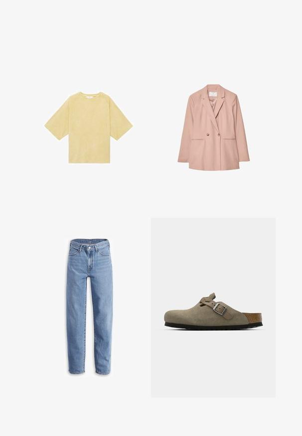 Růžový dvouřadý blazer s klopami, dvěma předními kapsami a dvěma knoflíky. Hladká tkanina s přizpůsobeným střihem.; Žluté oversized tričko s raglánovými rukávy, vyrobené z měkkého materiálu; má kulatý výstřih a jednoduchý, bezešvý design.; Světle modré džíny vyrobené z denimu, s uvolněným střihem, rovnými nohavicemi, pěti kapsami a roztrhanými lemy pro neformální vzhled.; Semišové dřeváky ve světle olivové barvě s vytvarovanou korkovou a gumovou podrážkou. Obsahují boční pásek s kovovou sponou a zaoblenou špičku.