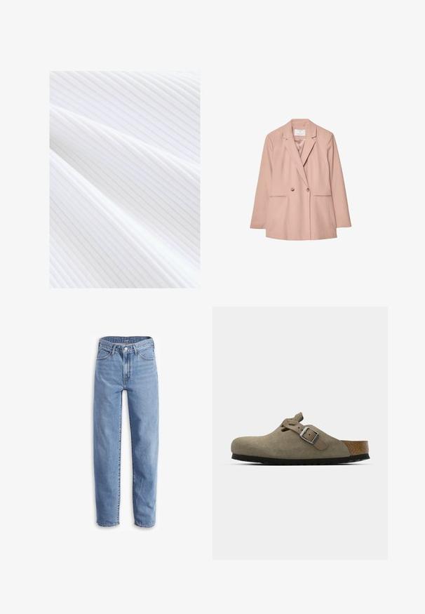 Pink double-breasted blazer with notch lapels, two front pockets, and two buttons. Smooth fabric with a tailored fit.; White ribbed textile featuring fine vertical lines and a smooth texture, draping in gentle folds.; Light blue jeans made of denim, with a relaxed fit, straight leg, five-pocket design, and frayed hems for a casual look.; Suede clogs in light olive green with a molded cork and rubber sole. Features a side strap with a metal buckle and a rounded toe.