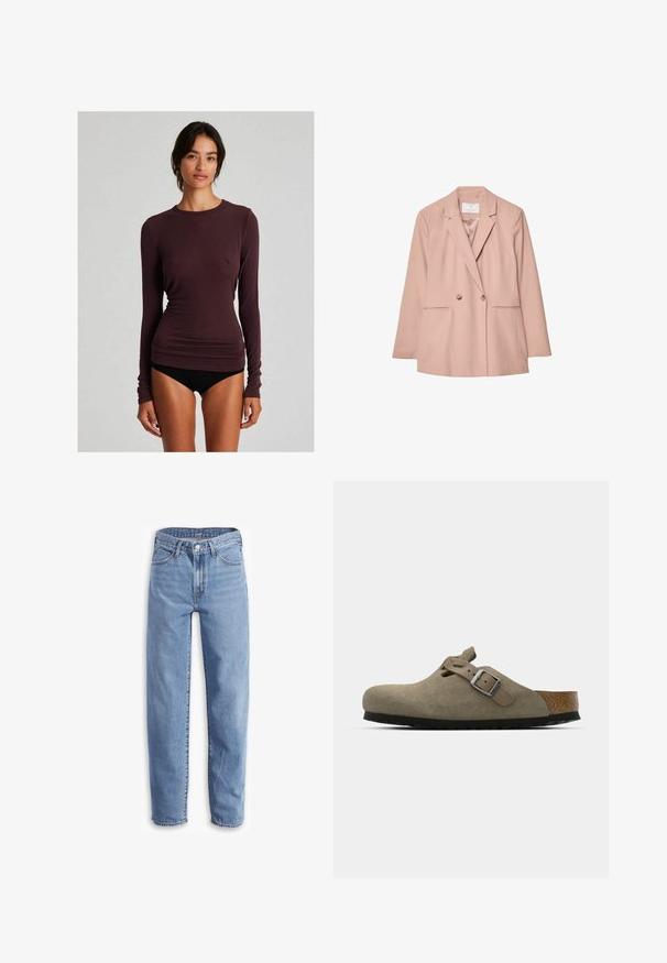 Rosa zweireihiger Blazer mit Reverskragen, zwei vorderen Taschen und zwei Knöpfen. Glatter Stoff mit taillierter Passform.; Langärmliges lila Oberteil aus weichem Stoff, mit taillierter Passform, Rundhalsausschnitt und glatter Textur. Keine sichtbaren Muster oder Akzente.; Helle blaue Jeans aus Denim, mit entspannter Passform, geradem Bein, Fünf-Taschen-Design und ausgefransten Säumen für einen lässigen Look.; Wildleder-Clogs in hellolivgrün mit einer geformten Kork- und Gummisohle. Verfügt über einen Seitenriemen mit einer metallischen Schnalle und einer abgerundeten Zehenpartie.