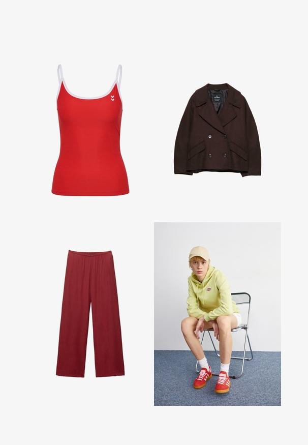 Donkerbruin wollen blazer met dubbele knopen, brede revers, twee voorkatoenen en zwarte knopen, en met een gladde binnenvoering.; Rode tanktop met witte bandjes, met een figuuraccentuerend ontwerp en logo detail op de linker borst. Gladde textuur, sportieve stijl.; Wijdvallende broek gemaakt van een gestructureerde, lichtgewicht stof in een dieprode kleur, met een knoopsluiting en een elastische tailleband voor comfort.; Lichtgroene hoodie met logo, witte shorts, rode sneakers met witte strepen, zittend op een chroom opvouwstoel tegen een neutrale achtergrond.