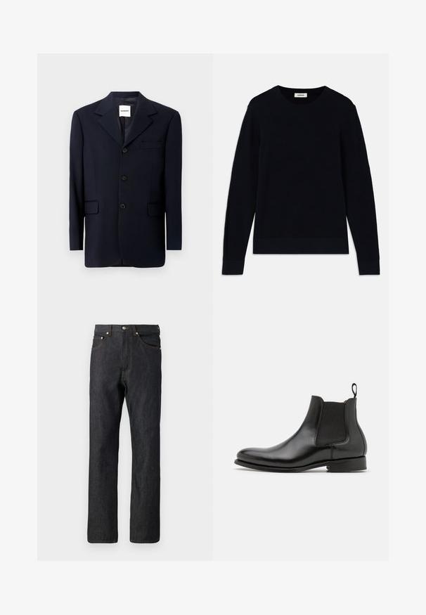Mornarska blejzerica iz gladkega blaga, z резаним ovratnikom, sprednjim zapenjanjem na tri gumbe in stranskimi žepi. Minimalistična zasnova z fine šivi.; Temno modra dolgančasta majica s teksturiranim pletenjem in rebrastimi manšetami ter robom. Okrugel izrez; oznaka na zadnjem delu vratu.; Temno modri kavbojke z ravno nogo. Imajo pet žepov, oranžno šivanje in gumbasto zapiranje v pasu.; Črne usnjene Chelsea škornje z elastiko na straneh, okroglo toe, zanko za pomoč pri obuvanju in nizko stekleno peto, ki se ponašajo z gladko, sijočo končno obdelavo.