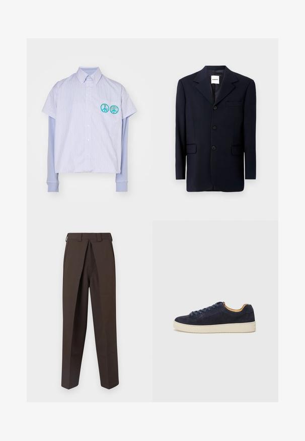 Jūrininkų švarkas, pagamintas iš lygaus audinio, su įpjovimu apykaklėje, trims mygtukams priekyje ir šoninėmis kišenėmis. Minimalistinis dizainas su itin kruopščiu siuvimu.; Šviesiai mėlynos ir baltos juostelėmis trumpomis rankovėmis marškiniai su trumpintu dizainu. Papuošti dviem purpuriniais taikos simbolio siuvinėjimais.; BLUEMARBLE WORK PANT - Kelnės - brown; Jūros laivyno zomšiniai žemakulniai sportbačiai su apvaliu nosiu, šviesiai balta guma sole ir atitinkančiomis raištelėmis; turi kontrastingą tan spalvos vidinę pamušalą.