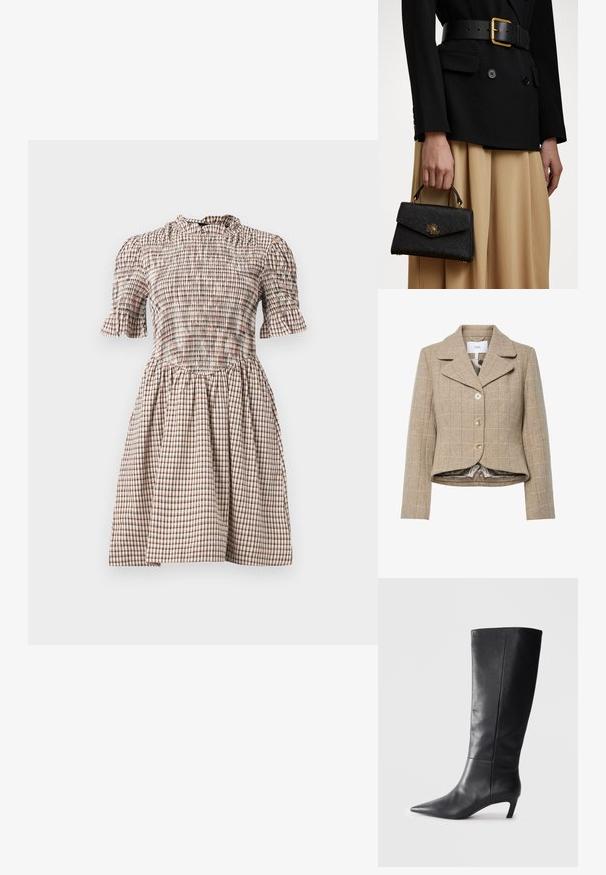 Sacou bej cu model houndstooth, cu guler cu colțuri, cinci butoane și o linie de hem înaltă-mică. Captusit cu un material neted de culoare neutră.; Rochie în carouri dintr-un material moale, cu un corset plisat, mâneci scurte tip bufant, decolteu volanat și fustă evazată. Culorile includ bej, maro și roșu.; Botă de piele neagră, până la genunchi, cu vârf ascuțit, design structurat și toc modest. Textură netedă, detalii minime de cusătură.; Geantă de umăr structurat neagră, cu un finisaj texturat, accesorii aurii și mâner superior. Pur tată cu un sacou negru și o fustă bej.