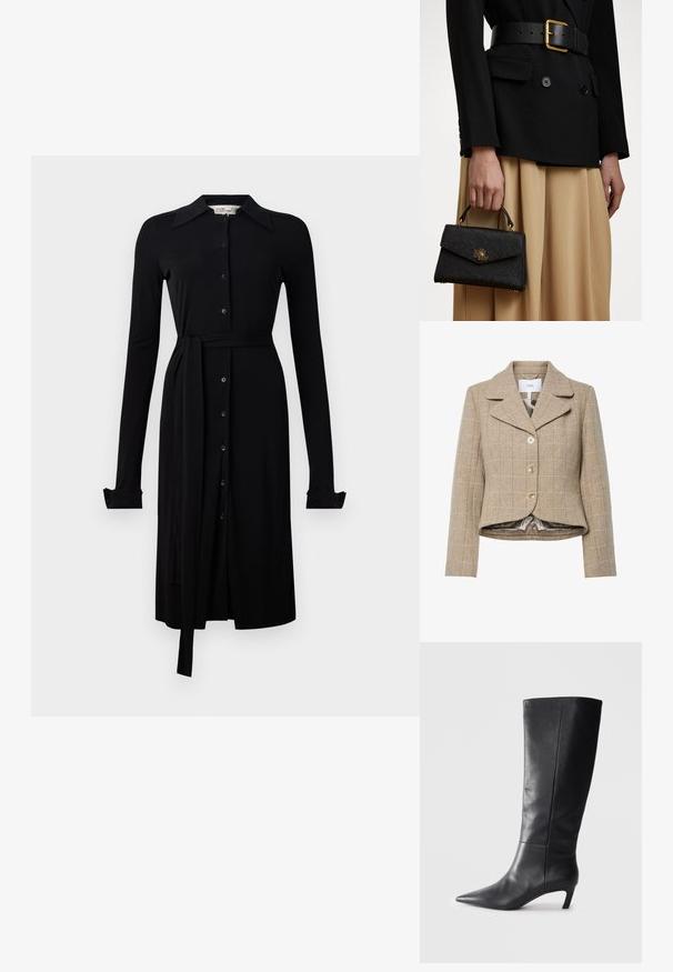 Beige kutyás mintás blazer, kiemelt gallérral, öt gombbal és magas-alacsony szegéllyel. Simább, semleges színű anyaggal bélelve.; Fekete, hosszú ujjú ruha sima anyagból, gombos elülső résszel, gallérral és derékpánttal. Gombos mandzsetta és térdhosszú szegély.; Fekete bőr, térd fölé érő csizma hegyes orral, formázott dizájnnal és mérsékelt sarokkal. Sima felület, minimális varrási részletek.; Fekete, strukturált kézitáska textúrált felülettel, aranyszínű kiegészítőkkel és felső fogantyúval. Fekete blézerrel és bézs szoknyával viselve.