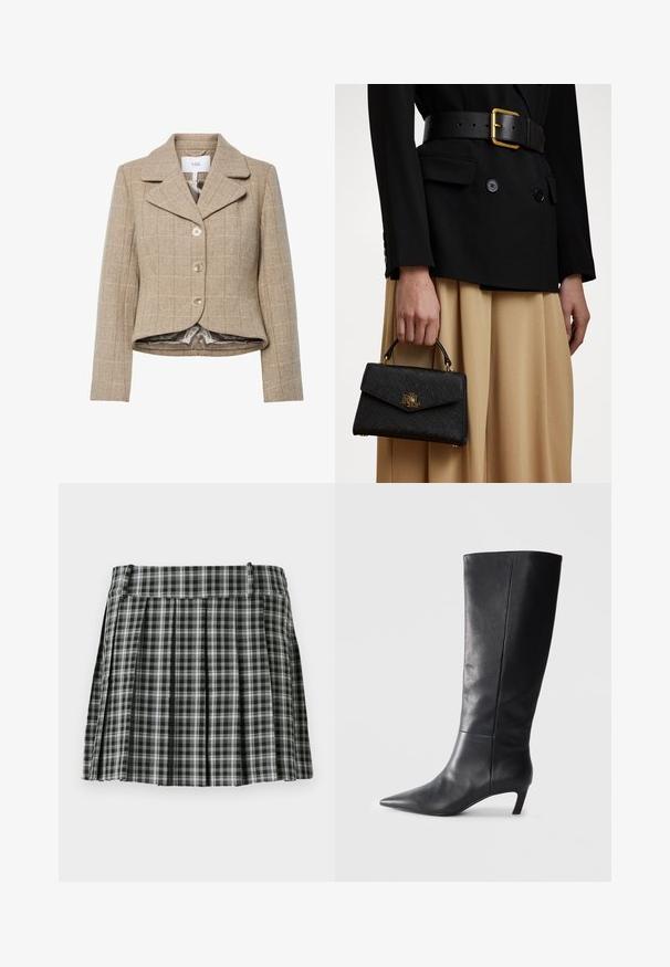 Beige houndstooth blazer with a notched collar, five buttons, and a high-low hem. Lined with a smooth, neutral-colored fabric.; Cream-colored knitted sweater with a high neck and cable pattern detailing. Features long sleeves and ribbed cuffs and hem.; Black and white plaid pleated skirt with a smooth waistband and multiple vertical folds. Made of lightweight fabric.; Black leather knee-high boot with a pointed toe, structured design, and a modest heel. Smooth texture, minimal stitching details.; Black structured handbag with a textured finish, gold hardware, and a top handle. Worn with a black blazer and beige skirt.