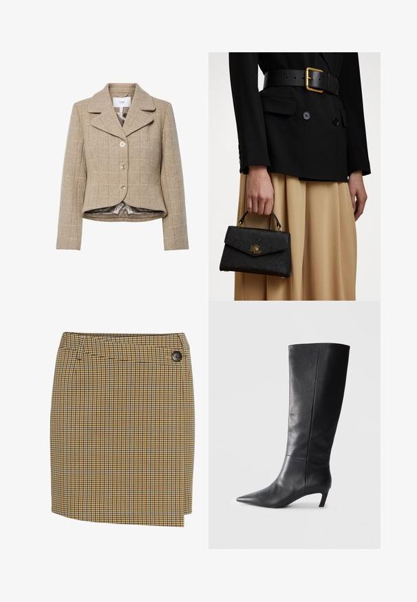 Beige hundtann-blazer med notched krage, fem knapper og høy-lav kant. Fôret med et glatt, nøytralt farget stoff.; Kremfarget strikket genser med høy hals og kabelmønsterdetaljer. Har lange ermer og ribbestrikkede mansjetter og nederkant.; Brun og gul rutete skjørt med blå detaljer. Har rak snitt, knappelukking på siden og myk tekstur.; Sorte skinnhøye støvler med spiss tå, strukturert design og en beskjeden hæl. Glatt tekstur, minimale sømdetaljer.; Svart strukturert håndveske med teksturert overflate, gullbeslag og topphåndtak. Bært med en svart blazer og beige skjørt.