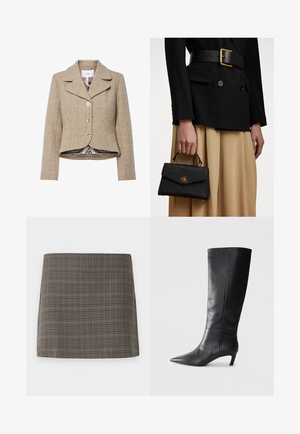 Blazer en pied-de-poule beige avec un col cranté, cinq boutons et un ourlet asymétrique. Doublé d'un tissu lisse de couleur neutre.; Pull en laine de couleur crème avec col montant et détails en torsades. Il présente des manches longues ainsi que des poignets et un ourlet côtelés.; Jupe mini à motif damier présentant des tons marron, beige et marine, avec une texture lisse et une coupe droite, conçue sans fermetures visibles.; Botte noire en cuir jusqu'au genou avec un bout pointu, un design structuré et un talon modeste. Texture lisse, détails de couture minimalistes.; Sac à main noir structuré avec une finition texturée, quincaillerie dorée et une poignée supérieure. Porté avec un blazer noir et une jupe beige.