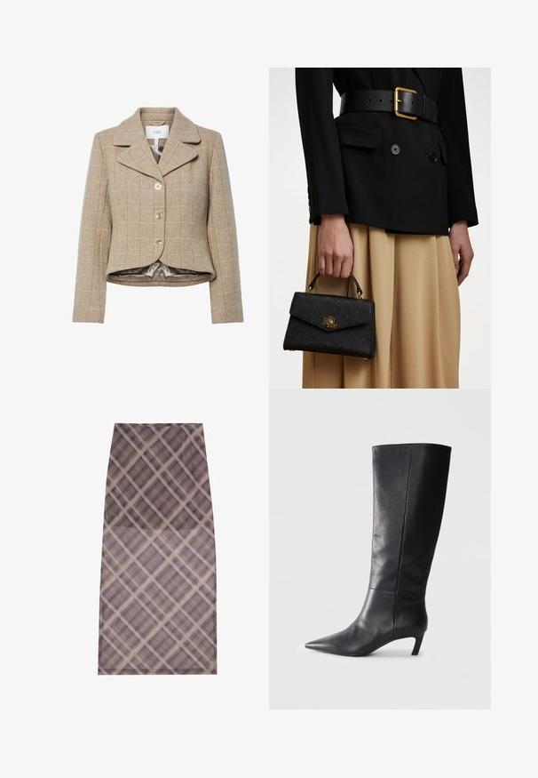 Beige hundtandsmönstrad kavaj med slagkrage, fem knappar och asymmetrisk fåll. Fodrad med ett slätt, neutralt färgat tyg.; Krämfärgad stickad tröja med hög hals och kabelmönster. Har långa ärmar och ribbade manschetter och nederkant.; En knälång kjol med ett transparent, lätt tyg och rutig mönster i nyanser av brunt och kräm, slät textur och rena kanter.; Svarta läderknähöga stövlar med spetsig tå, strukturerad design och en blygsam klack. Slät yta, minimala sömnadsdetaljer.; Svart strukturerad handväska med texturerad yta, guldfärgad hårdvara och ett handtag på toppen. Bärs med en svart blazer och en beige kjol.