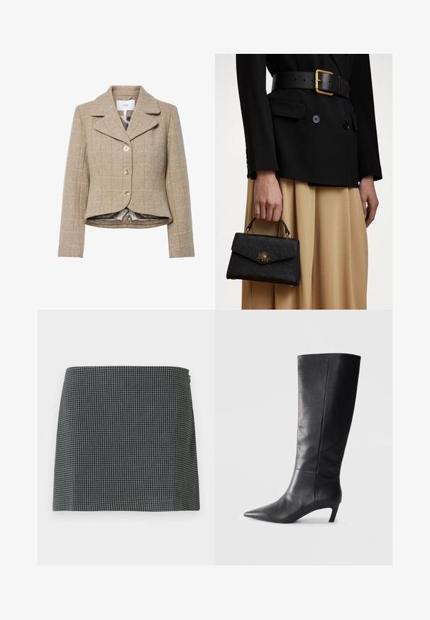 Beige Hahnentritt-Blazer mit Reverskragen, fünf Knöpfen und einem asymmetrischen Saum. Gefüttert mit einem glatten, neutralfarbenen Stoff.; Cremefarbene Strickjacke mit hohem Kragen und Zopfmuster. Mit langen Ärmeln sowie gerippten Bündchen und Saum.; Schwarz-weiß karierter Rock aus einem Stoff mit glatter Textur. Verfügt über eine gerade Silhouette und einen seitlichen Reißverschluss.; Schwarzer Lederstiefel bis zum Knie mit spitzer Zehenform, strukturiertem Design und einem moderaten Absatz. Glatte Textur, minimale Nähte.; Schwarze strukturierte Handtasche mit strukturierter Oberfläche, goldenen Beschlägen und einem oberen Griff. Getragen mit einem schwarzen Blazer und einem beigen Rock.