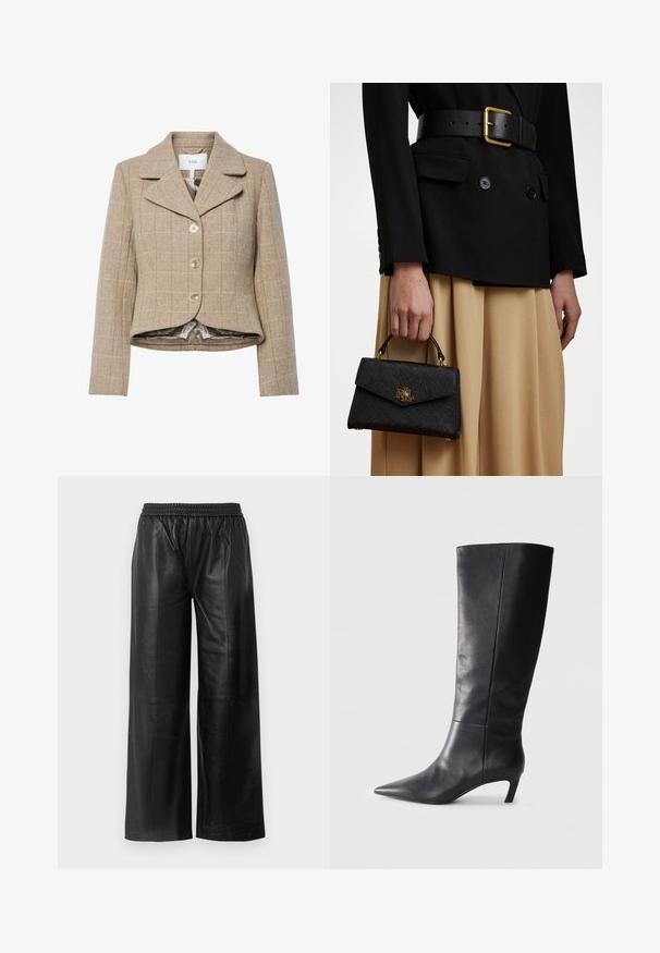 Blazer en pied-de-poule beige avec un col cranté, cinq boutons et un ourlet asymétrique. Doublé d'un tissu lisse de couleur neutre.; Pull en laine de couleur crème avec col montant et détails en torsades. Il présente des manches longues ainsi que des poignets et un ourlet côtelés.; Pantalons larges en cuir noir avec une taille élastique, affichant une texture lisse et un minimalisme au niveau des coutures.; Botte noire en cuir jusqu'au genou avec un bout pointu, un design structuré et un talon modeste. Texture lisse, détails de couture minimalistes.; Sac à main noir structuré avec une finition texturée, quincaillerie dorée et une poignée supérieure. Porté avec un blazer noir et une jupe beige.