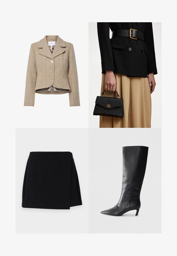 Beige kutyás mintás blazer, kiemelt gallérral, öt gombbal és magas-alacsony szegéllyel. Simább, semleges színű anyaggal bélelve.; Krémszínű kötött pulóver magas nyakkal és fonott mintázattal. Hosszú ujjakkal és bordás mandzsettákkal, valamint szegéllyel rendelkezik.; Fekete bevarrt szoknya sima textúrával és légies kialakítással. A szoknya rövid hossza és oldalsó nyílása megkönnyíti a mozgást.; Fekete bőr, térd fölé érő csizma hegyes orral, formázott dizájnnal és mérsékelt sarokkal. Sima felület, minimális varrási részletek.; Fekete, strukturált kézitáska textúrált felülettel, aranyszínű kiegészítőkkel és felső fogantyúval. Fekete blézerrel és bézs szoknyával viselve.