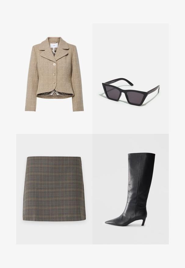 Beige houndstooth blazer with a notched collar, five buttons, and a high-low hem. Lined with a smooth, neutral-colored fabric.; Black turtleneck sweater with long sleeves, cropped design, knitted texture, and fitted cuffs. Simple, solid color without patterns.; Checkerboard mini skirt featuring brown, beige, and navy tones with a smooth texture and straight cut, designed without visible fastenings.; Black leather knee-high boot with a pointed toe, structured design, and a modest heel. Smooth texture, minimal stitching details.; Black, angular sunglasses with gray lenses; made of plastic, featuring thick arms with a smooth surface and no visible hardware.; Black structured handbag with a textured finish, gold hardware, and a top handle. Worn with a black blazer and beige skirt.